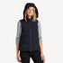 Front view of women’s navy waterproof puffer vest with hoodie on model – Louvóre apparel
